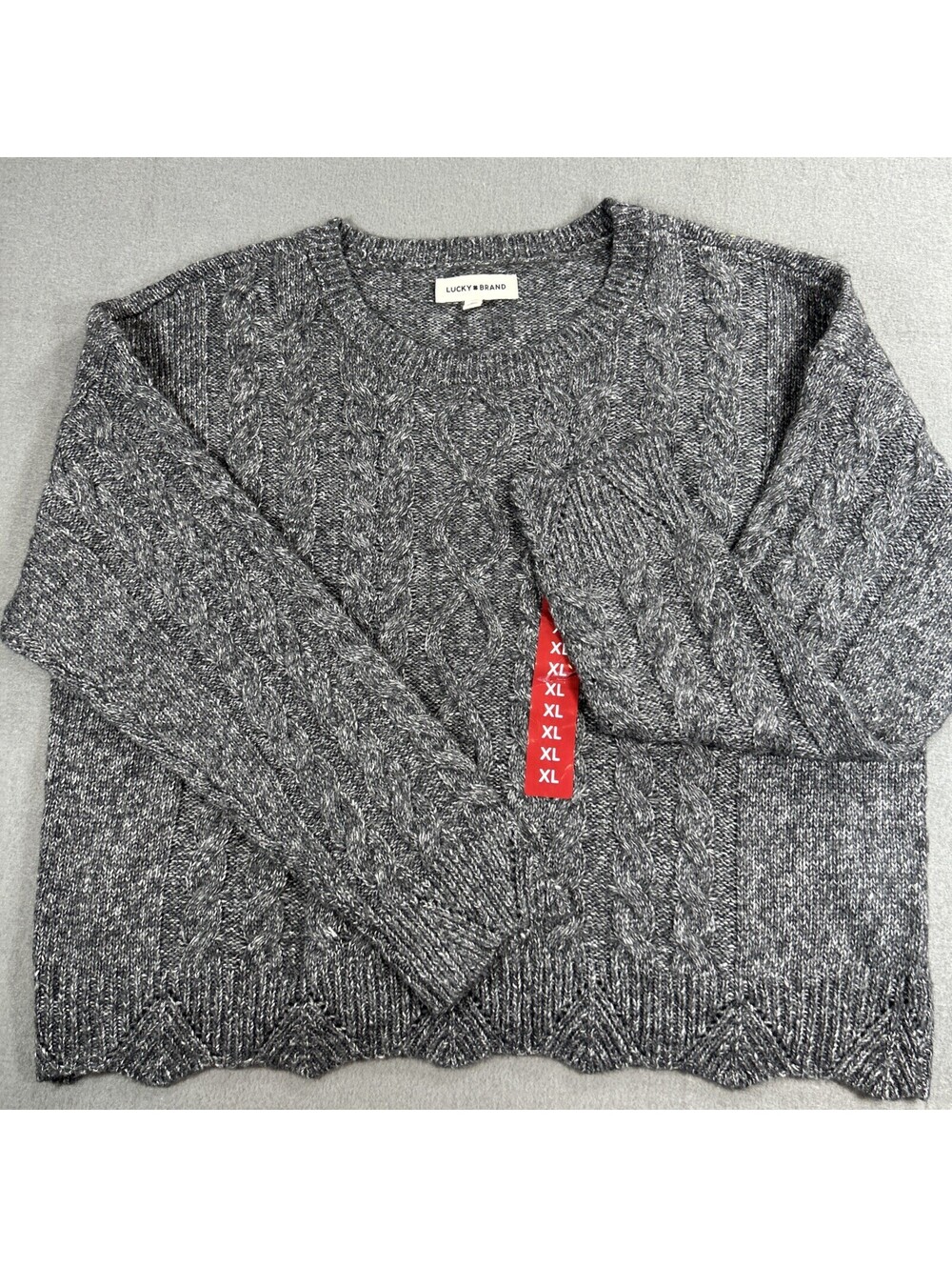 Lucky Brand Women's XL NWT Cable Knit Sweater Gray Wool Blend Scalloped Hem